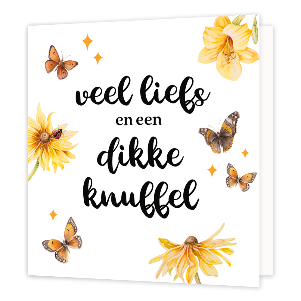 Op deze wenskaart staan bloemen en vlinders met in het midden de tekst: "Veel liefs en een dikke knuffel". 