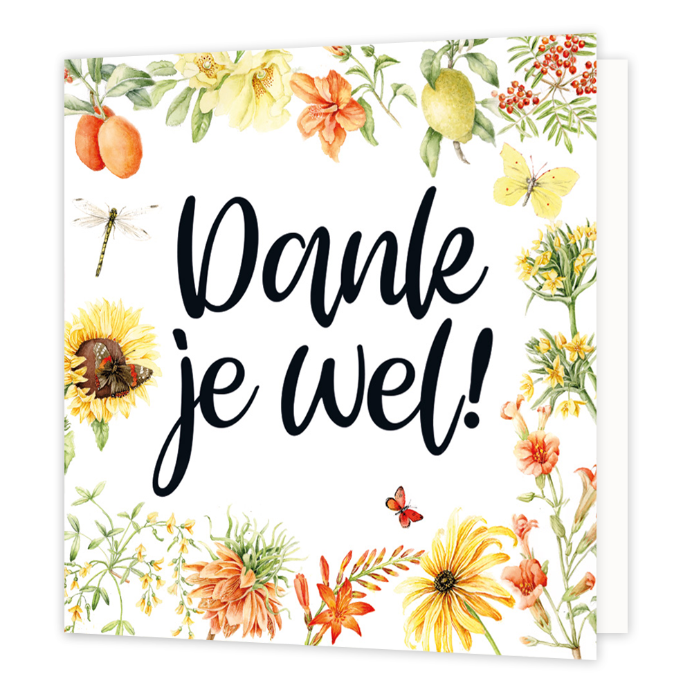 Minikaartje - Dank je wel! - Formaat: Klein - Vorm: Vierkant - Bedankkaart - Op deze wenskaart staat een witte achtergrond, omlijst met botanische illustraties van diverse bloemen, planten, vruchten, insecten en vlinders. Centraal op de kaart bevindt zich in het zwart en in een sierlijk, cursief lettertype de tekst "Dankje je wel!". - Snelwenskaart