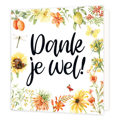 Minikaartje - Dank je wel! - Formaat: Klein - Vorm: Vierkant - Bedankkaart - Op deze wenskaart staat een witte achtergrond, omlijst met botanische illustraties van diverse bloemen, planten, vruchten, insecten en vlinders. Centraal op de kaart bevindt zich in het zwart en in een sierlijk, cursief lettertype de tekst "Dankje je wel!". - Snelwenskaart
