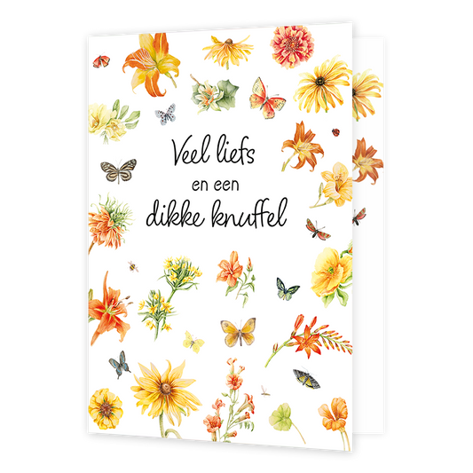 Veel liefs en een dikke knuffel - Formaat: Groot - Vorm: Staand - Denken aan kaart - Op deze wenskaart staat een verzameling in aquarel geschilderde bloemen en diverse insecten, zoals vlinders en bijen, speels verspreid over een witte achtergrond. In het midden staat de tekst "Veel liefs en een dikke knuffel" in een elegant, zwart handschrift. De bloemenselectie bevat onder andere felgekleurde lelies, zonnebloemen en andere botanische elementen in warme tinten zoals geel, oranje en rood. Het geheel creëert