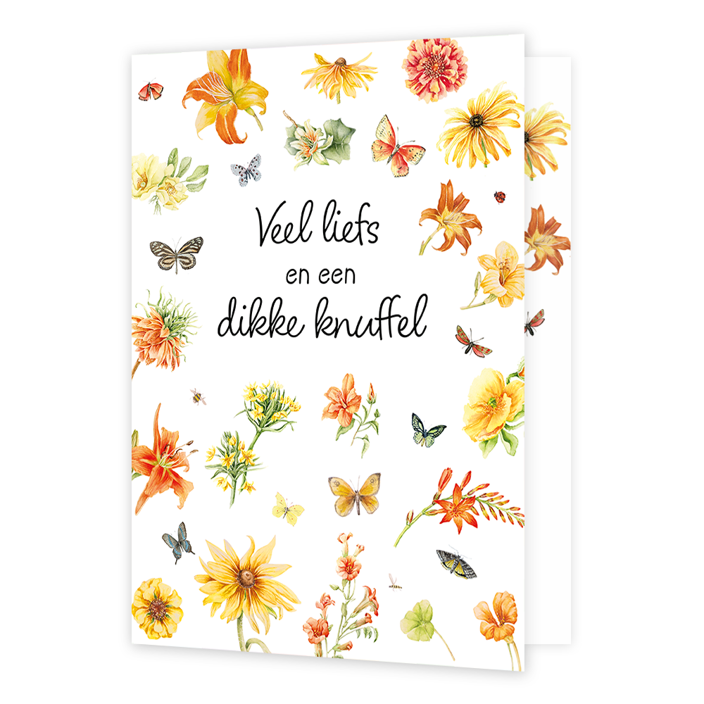 XL kaart - Veel liefs en een dikke knuffel - Formaat: Groot - Vorm: Staand - Denken aan kaart - Op deze wenskaart staat een verzameling in aquarel geschilderde bloemen en diverse insecten, zoals vlinders en bijen, speels verspreid over een witte achtergrond. In het midden staat de tekst "Veel liefs en een dikke knuffel" in een elegant, zwart handschrift. De bloemenselectie bevat onder andere felgekleurde lelies, zonnebloemen en andere botanische elementen in warme tinten zoals geel, oranje en rood. Het geh