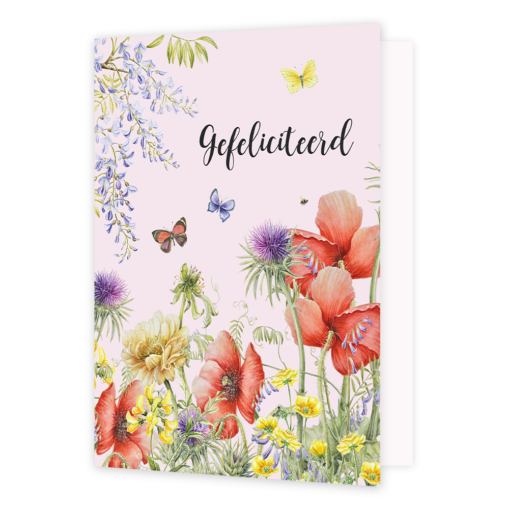 XL kaart - Gefeliciteerd - Formaat: Groot - Vorm: Staand - Felicitatiekaart - Op deze wenskaart staan bloemen en vlinders in de kleuren rood, paars, geel, groen en blauw met in het midden de tekst: "Gefeliciteerd". - Snelwenskaart