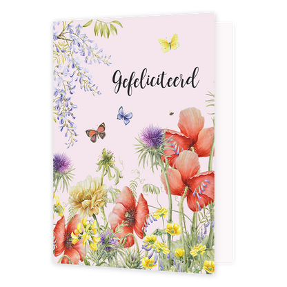 XL kaart - Gefeliciteerd - Formaat: Groot - Vorm: Staand - Felicitatiekaart - Op deze wenskaart staan bloemen en vlinders in de kleuren rood, paars, geel, groen en blauw met in het midden de tekst: "Gefeliciteerd". - Snelwenskaart