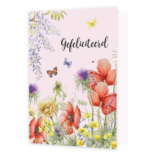 XL kaart - Gefeliciteerd - Formaat: Groot - Vorm: Staand - Felicitatiekaart - Op deze wenskaart staan bloemen en vlinders in de kleuren rood, paars, geel, groen en blauw met in het midden de tekst: "Gefeliciteerd". - Snelwenskaart