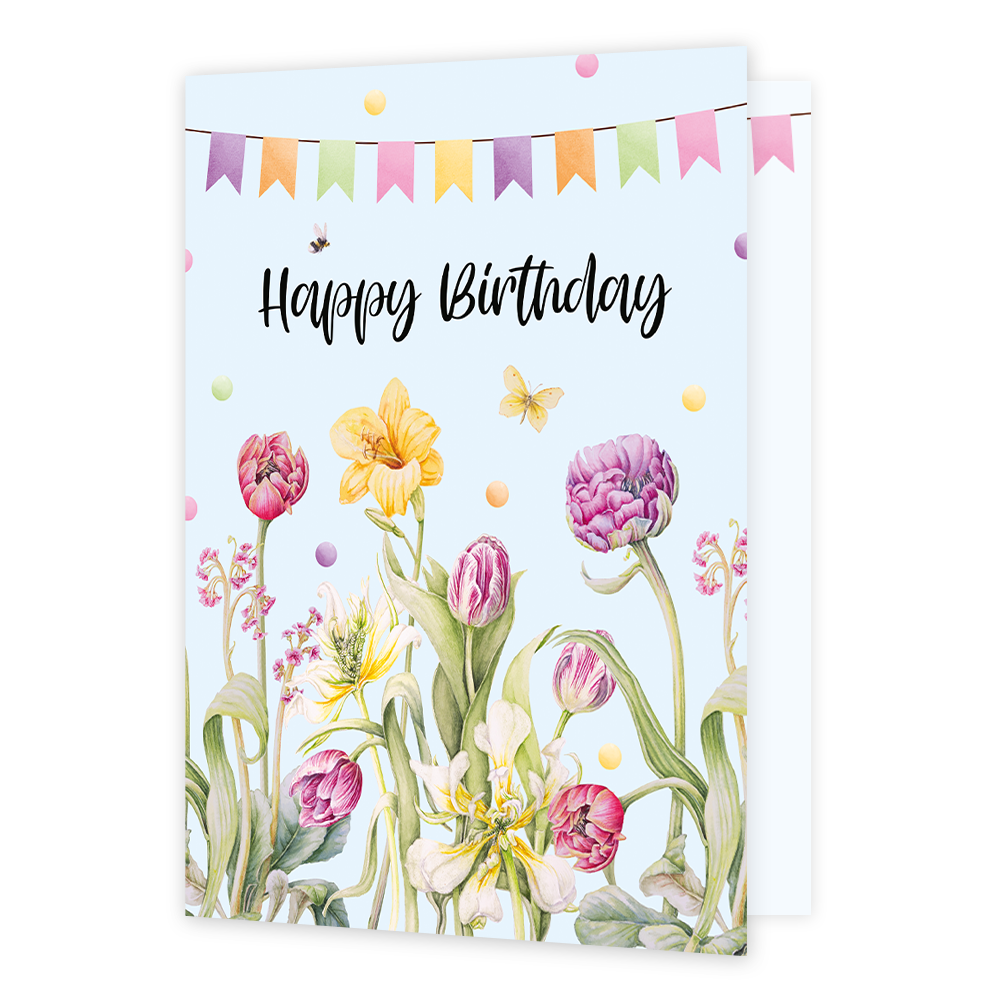 XL kaart - Happy birthday - Formaat: Groot - Vorm: Staand - Verjaardagskaart - Op deze wenskaart zijn bloemen in diverse kleuren en vlinders te zien. In het midden staat de tekst: "Veel liefs en een dikke knuffel". - Snelwenskaart