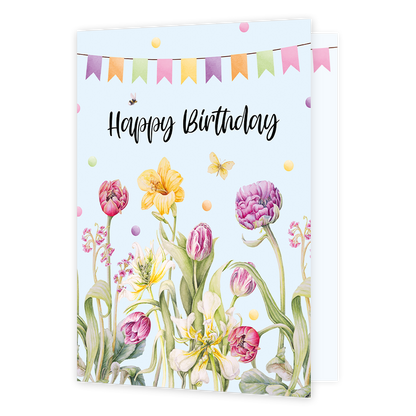XL kaart - Happy birthday - Formaat: Groot - Vorm: Staand - Verjaardagskaart - Op deze wenskaart zijn bloemen in diverse kleuren en vlinders te zien. In het midden staat de tekst: "Veel liefs en een dikke knuffel". - Snelwenskaart