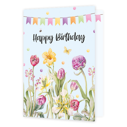 XL kaart - Happy birthday - Formaat: Groot - Vorm: Staand - Verjaardagskaart - Op deze wenskaart zijn bloemen in diverse kleuren en vlinders te zien. In het midden staat de tekst: "Veel liefs en een dikke knuffel". - Snelwenskaart