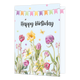 XL kaart - Happy birthday - Formaat: Groot - Vorm: Staand - Verjaardagskaart - Op deze wenskaart zijn bloemen in diverse kleuren en vlinders te zien. In het midden staat de tekst: "Veel liefs en een dikke knuffel". - Snelwenskaart