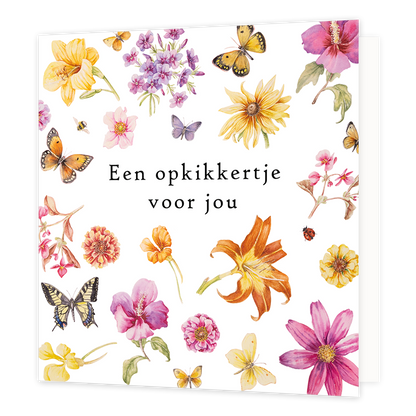 Op deze wenskaart zie je natuurgetekende bloemen en vlinders. In het midden van de kaart staat de tekst 'Een opkikkertje voor jou'.
