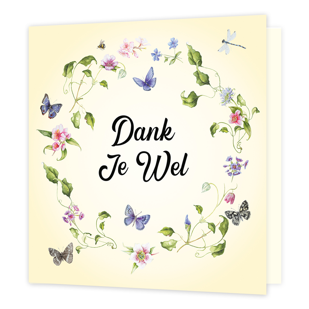 Dank je wel - Formaat: Normaal - Vorm: Vierkant - Bedankkaart - Op deze wenskaart staat een bloemenkrans omringt door vlinders en een libelle. In het midden staat de tekst: "Dank je wel". - Snelwenskaart