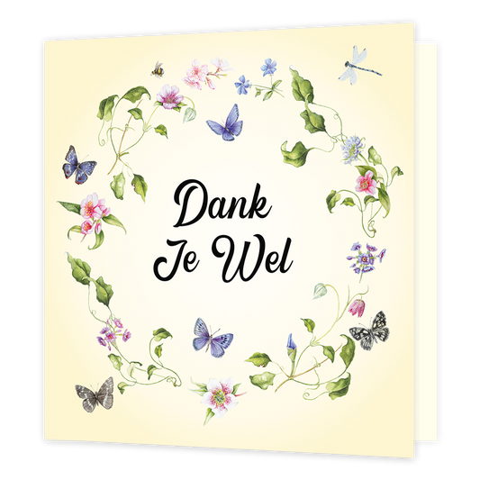 Dank je wel - Formaat: Normaal - Vorm: Vierkant - Bedankkaart - Op deze wenskaart staat een bloemenkrans omringt door vlinders en een libelle. In het midden staat de tekst: "Dank je wel". - Snelwenskaart