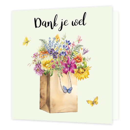 Dank je wel - Formaat: Normaal - Vorm: Vierkant - Bedankkaart - Op deze wenskaart staat een tas gevuld met bloemen met daarboven de tekst: "Dank je wel". - Snelwenskaart