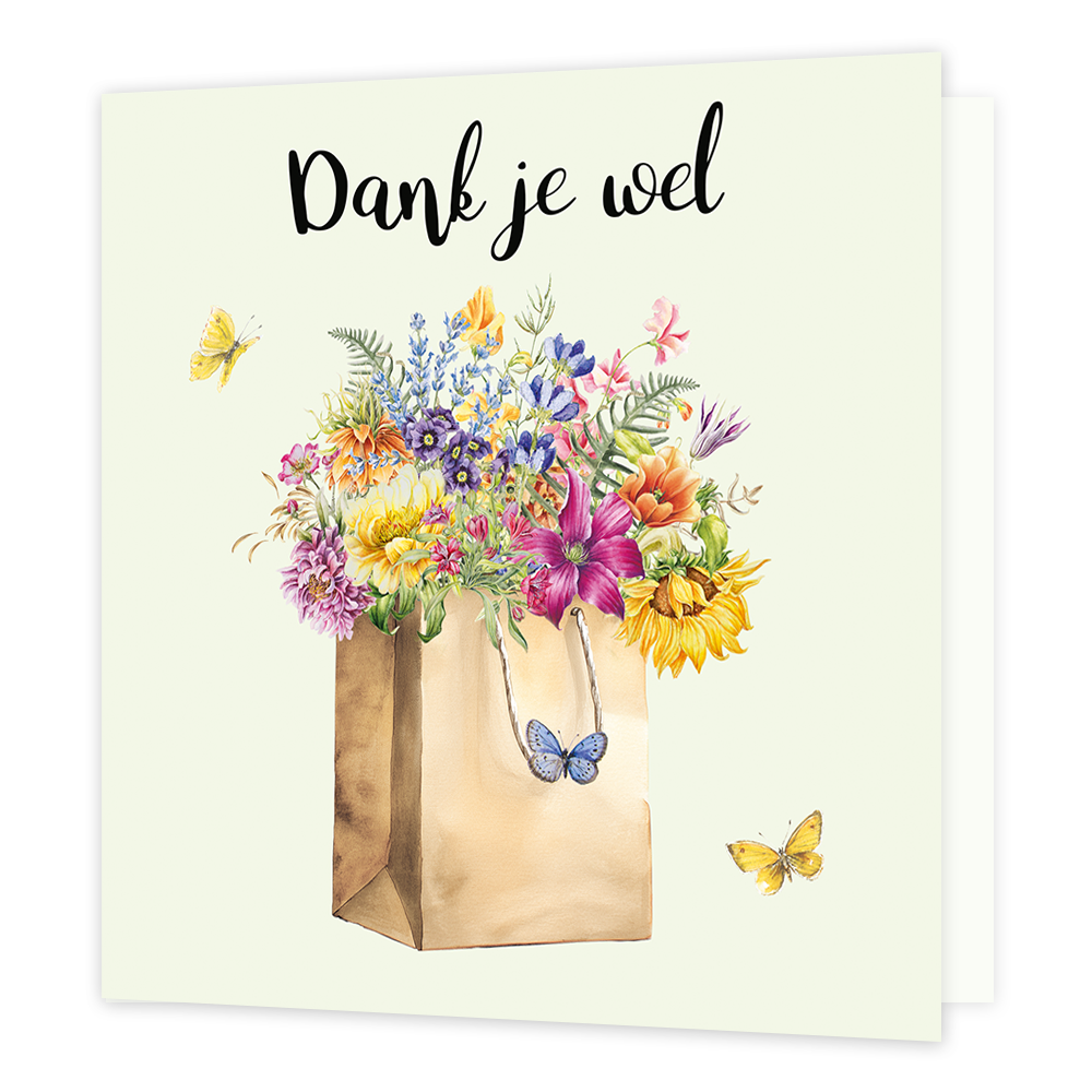 Op deze wenskaart staat een tas gevuld met bloemen met daarboven de tekst: "Dank je wel". 