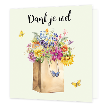 Op deze wenskaart staat een tas gevuld met bloemen met daarboven de tekst: "Dank je wel". 