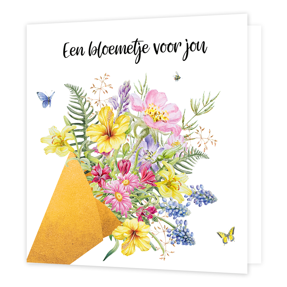 Een bloementje voor jou - Formaat: Standaard - Vorm: Vierkant - Denken aan kaart - Op deze wenskaart staat een blos bloemen in de kleuren roze, geel, paars rood en blauw met groene bladeren en vlinders. Boven de bos bloemen staat de tekst: "Een bloemetje voor jou". - Snelwenskaart