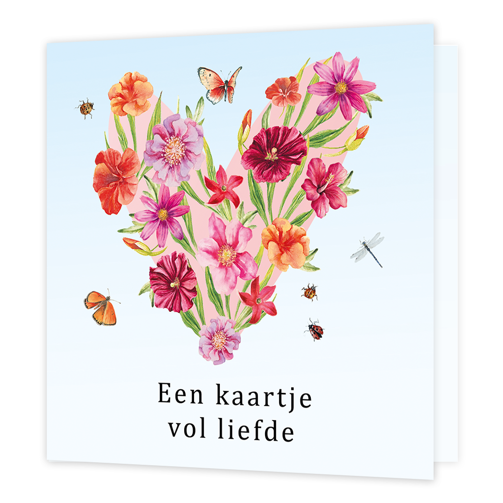 Een kaartje vol liefde - Formaat: Normaal - Vorm: Vierkant - Liefdeskaart - Op deze wenskaart staan natuurgetekende bloemen in de vorm van een hart. Onderaan de kaart staat de tekst 'Een kaartje vol liefde'. - Snelwenskaart