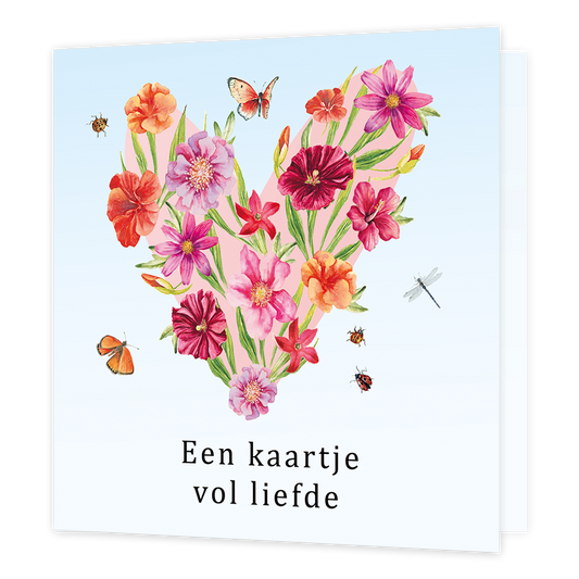 Een kaartje vol liefde - Formaat: Normaal - Vorm: Vierkant - Liefdeskaart - Op deze wenskaart staan natuurgetekende bloemen in de vorm van een hart. Onderaan de kaart staat de tekst 'Een kaartje vol liefde'. - Snelwenskaart