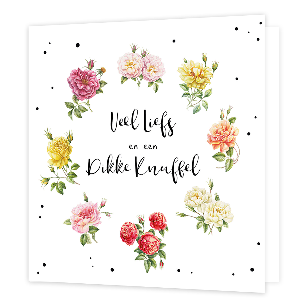 Veel liefs en een dikke knuffel - Formaat: Normaal - Vorm: Vierkant - Vriendschapskaart - Op deze wenskaart staan bloemen die een kring vormen met in het midden de tekst: "Veel liefs en een dikke knuffel". - Snelwenskaart