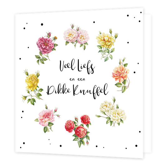 Veel liefs en een dikke knuffel - Formaat: Normaal - Vorm: Vierkant - Vriendschapskaart - Op deze wenskaart staan bloemen die een kring vormen met in het midden de tekst: "Veel liefs en een dikke knuffel". - Snelwenskaart