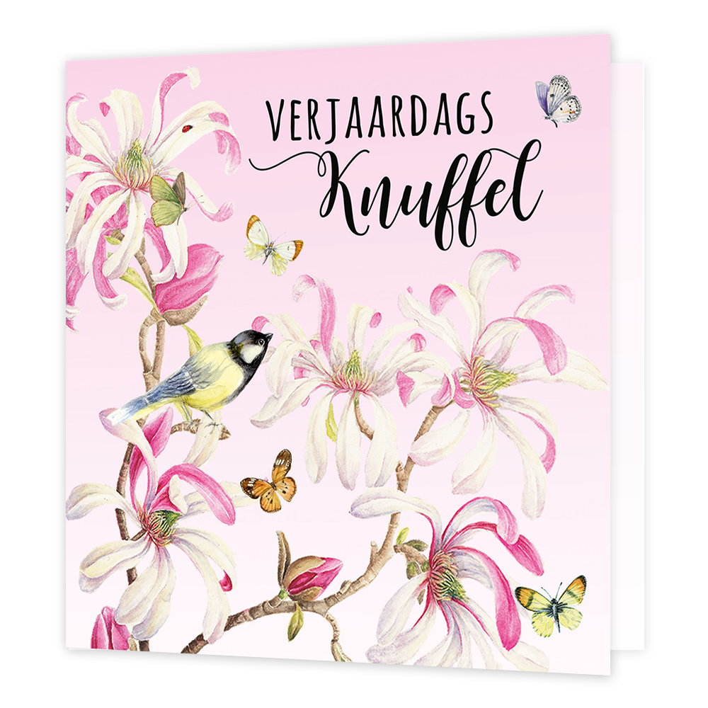 Verjaardagsknuffel - Formaat: Normaal - Vorm: Vierkant - Verjaardagskaart - Op deze wenskaart staan wit met roze bloemen, een vogel en vlinders, met daarboven de tekst: "verjaardagsknuffel". - Snelwenskaart