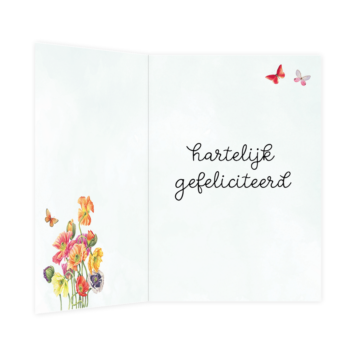 De binnenzijde van de wenskaart is bedrukt met een ontwerp passend bij de voorzijde van de kaart en de tekst "Hartelijk Gefeliciteerd".