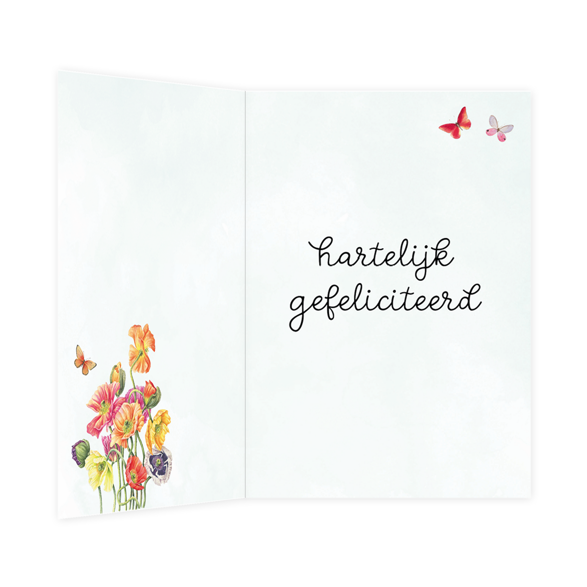 De binnenzijde van de wenskaart is bedrukt met een ontwerp passend bij de voorzijde van de kaart en de tekst "Hartelijk Gefeliciteerd".