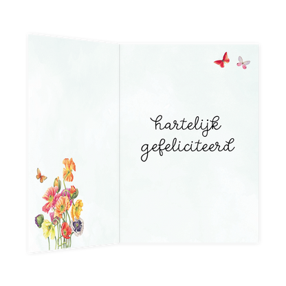 De binnenzijde van de wenskaart is bedrukt met een ontwerp passend bij de voorzijde van de kaart en de tekst "Hartelijk Gefeliciteerd".