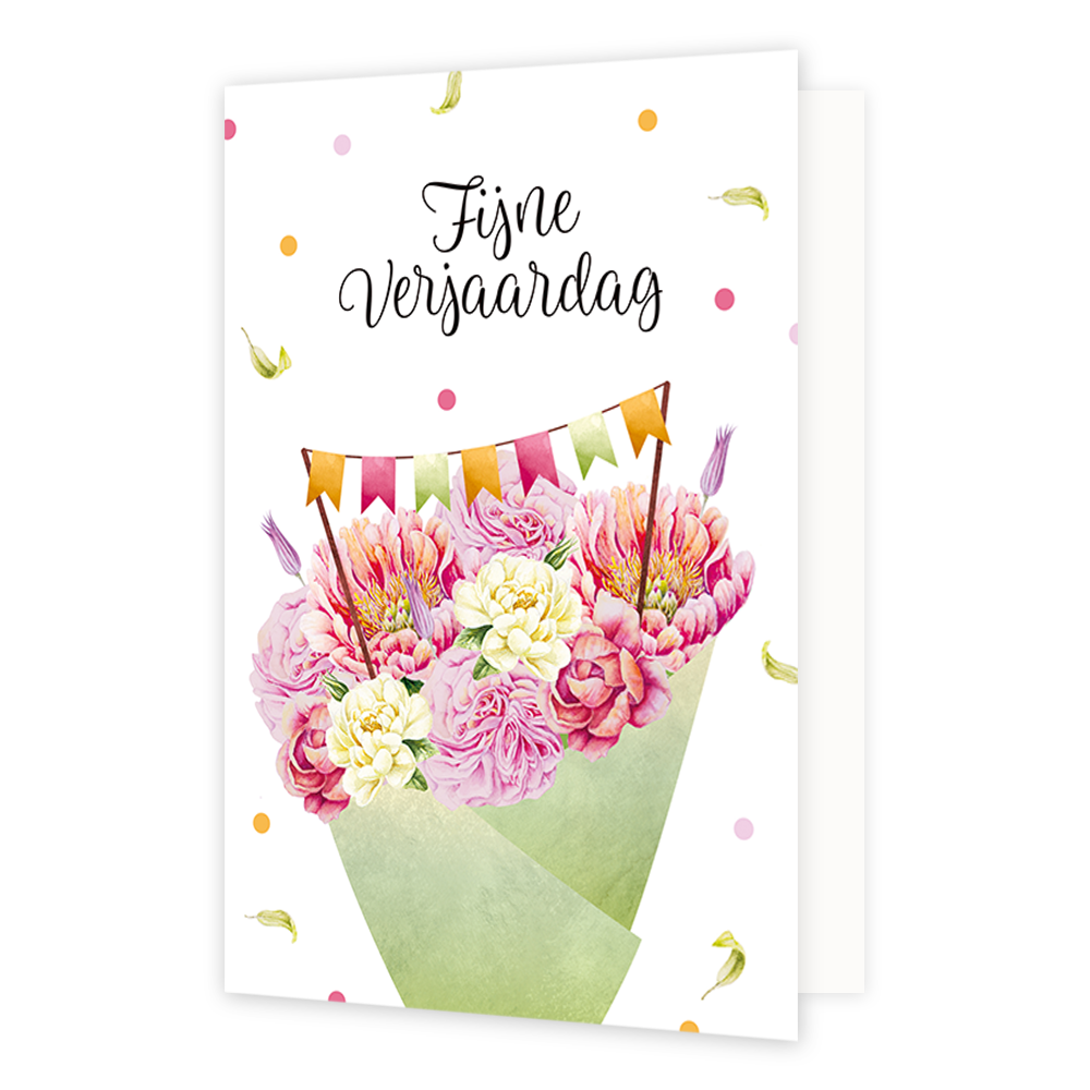 Fijne verjaardag - Formaat: Normaal - Vorm: Staand - Verjaardagskaart - Op deze wenskaart staat een bloemenboeket met de kleuren wit, roze, rood en oranje. Boven het boeket staat de tekst: "Fijne verjaardag". - Snelwenskaart