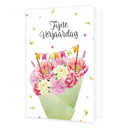Fijne verjaardag - Formaat: Normaal - Vorm: Staand - Verjaardagskaart - Op deze wenskaart staat een bloemenboeket met de kleuren wit, roze, rood en oranje. Boven het boeket staat de tekst: "Fijne verjaardag". - Snelwenskaart