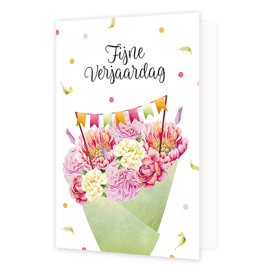 Fijne verjaardag - Formaat: Normaal - Vorm: Staand - Verjaardagskaart - Op deze wenskaart staat een bloemenboeket met de kleuren wit, roze, rood en oranje. Boven het boeket staat de tekst: "Fijne verjaardag". - Snelwenskaart