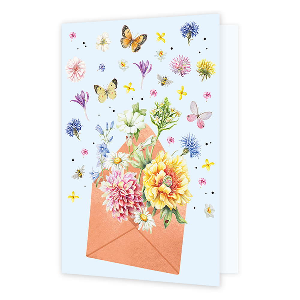 Bloemen post - Formaat: Normaal - Vorm: Staand - Blanco kaart - Op deze wenskaart zijn bloemen en vlinders te zien die uit een koperkleurige envelop komen, op een witte achtergrond. - Snelwenskaart