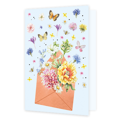 Bloemen post - Formaat: Normaal - Vorm: Staand - Blanco kaart - Op deze wenskaart zijn bloemen en vlinders te zien die uit een koperkleurige envelop komen, op een witte achtergrond. - Snelwenskaart