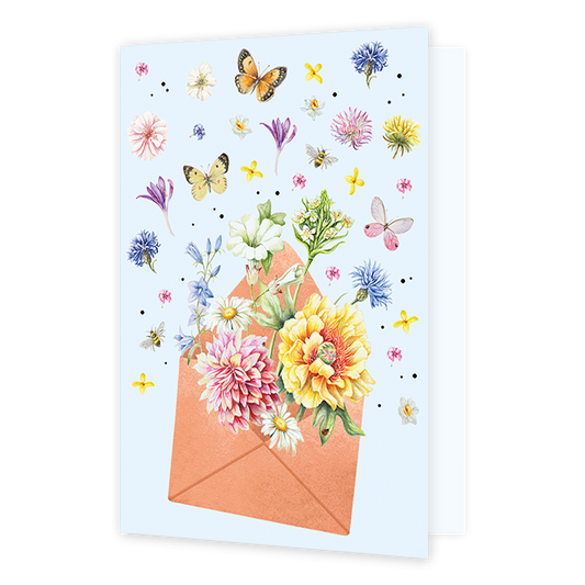 Bloemen post - Formaat: Normaal - Vorm: Staand - Blanco kaart - Op deze wenskaart zijn bloemen en vlinders te zien die uit een koperkleurige envelop komen, op een witte achtergrond. - Snelwenskaart