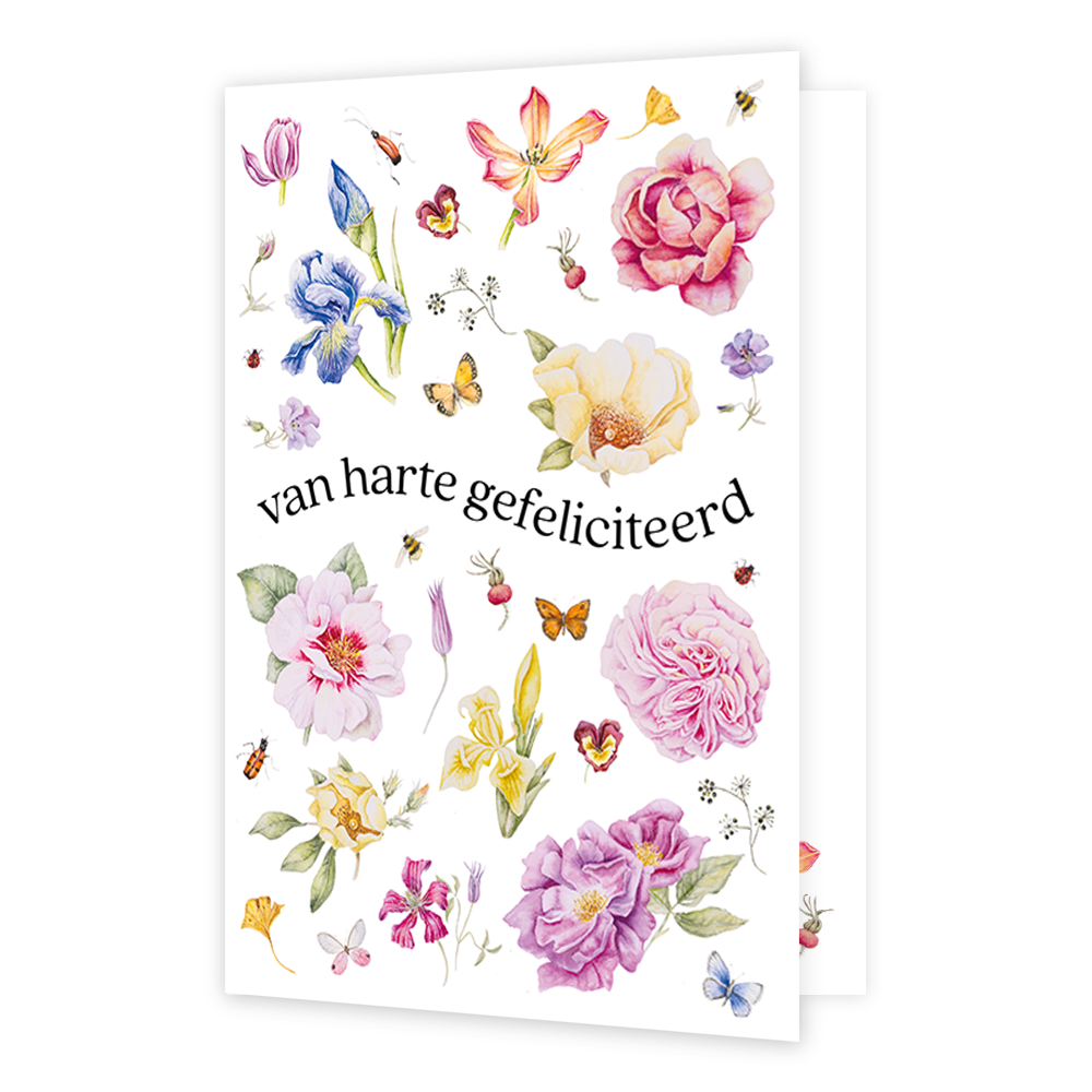 Van harte gefeliciteerd - Formaat: Standaard - Vorm: Staand - Verjaardagskaart - Op deze wenskaart staan diverse soorten bloemen in de kleuren blauw, paars, roze, lila geel en rood. In het midden staat de tekst: "van harte gefeliciteerd". - Snelwenskaart