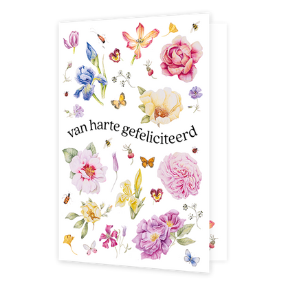 Van harte gefeliciteerd - Formaat: Standaard - Vorm: Staand - Verjaardagskaart - Op deze wenskaart staan diverse soorten bloemen in de kleuren blauw, paars, roze, lila geel en rood. In het midden staat de tekst: "van harte gefeliciteerd". - Snelwenskaart