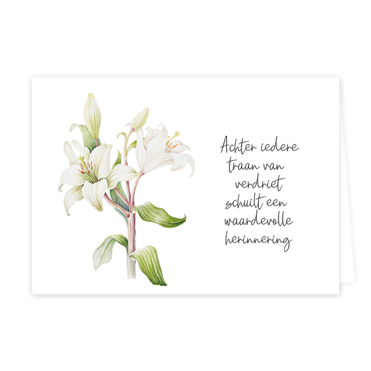 Achter iedere traan - Formaat: Normaal - Vorm: Liggend - Condoleance kaart - Op deze wenskaart staan witte bloemen met rechts daarnaast de tekst: "Achter iedere traan van verdriet schuilt een waardevolle herinnering". - Snelwenskaart