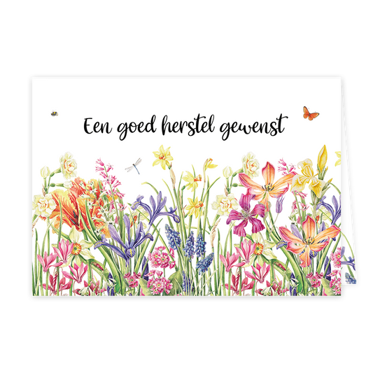 Een goed herstel gewenst - Formaat: Normaal - Vorm: Liggend - Beterschapskaart - Op deze wenskaart staat een bloemenveld met diverse bloemen in de kleuren geel, paars, roze, oranje en blauw, op een witte achtergrond. Boven de bloemen staat de tekst: "Een goed herstel gewenst". - Snelwenskaart