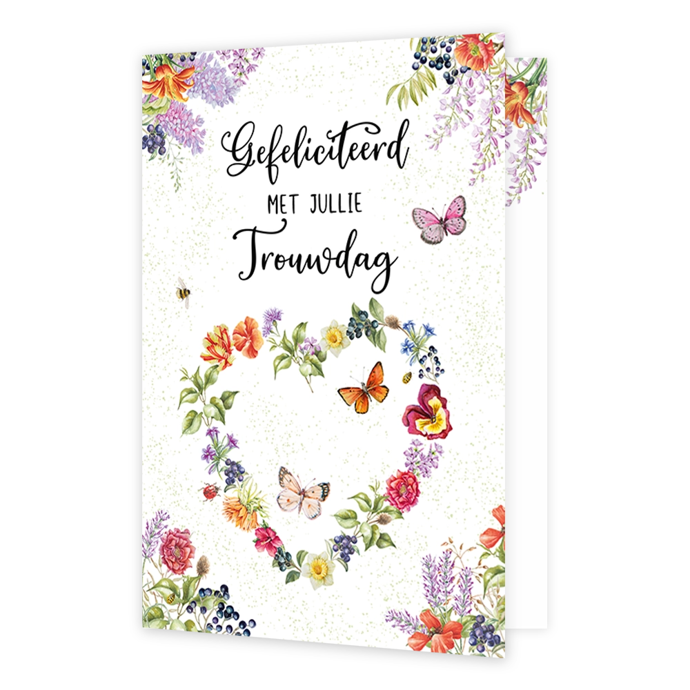 Gefeliciteerd met jullie trouwdag - Formaat: Standaard - Vorm: Staand - Huwelijkskaart - Op deze wenskaart staat centraal de tekst "Gefeliciteerd MET JULLIE Trouwdag" in een combinatie van sierlijke en strakke zwarte letters. Daaronder vormt een verscheidenheid aan botanische bloemen, bessen en bladeren in aquarelstijl een hartvormig kader. Tussen en rondom deze florale elementen zijn diverse vlinders, een bij en lieveheersbeestjes afgebeeld. De illustratie is geplaatst tegen een lichtgekleurde achtergrond