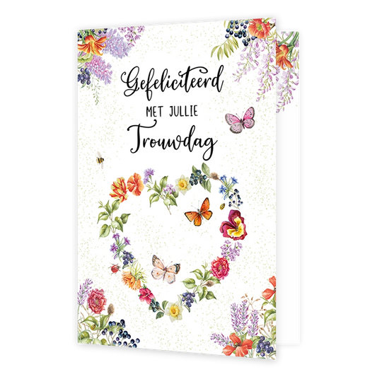 Gefeliciteerd met jullie trouwdag - Formaat: Standaard - Vorm: Staand - Huwelijkskaart - Op deze wenskaart staat centraal de tekst "Gefeliciteerd MET JULLIE Trouwdag" in een combinatie van sierlijke en strakke zwarte letters. Daaronder vormt een verscheidenheid aan botanische bloemen, bessen en bladeren in aquarelstijl een hartvormig kader. Tussen en rondom deze florale elementen zijn diverse vlinders, een bij en lieveheersbeestjes afgebeeld. De illustratie is geplaatst tegen een lichtgekleurde achtergrond