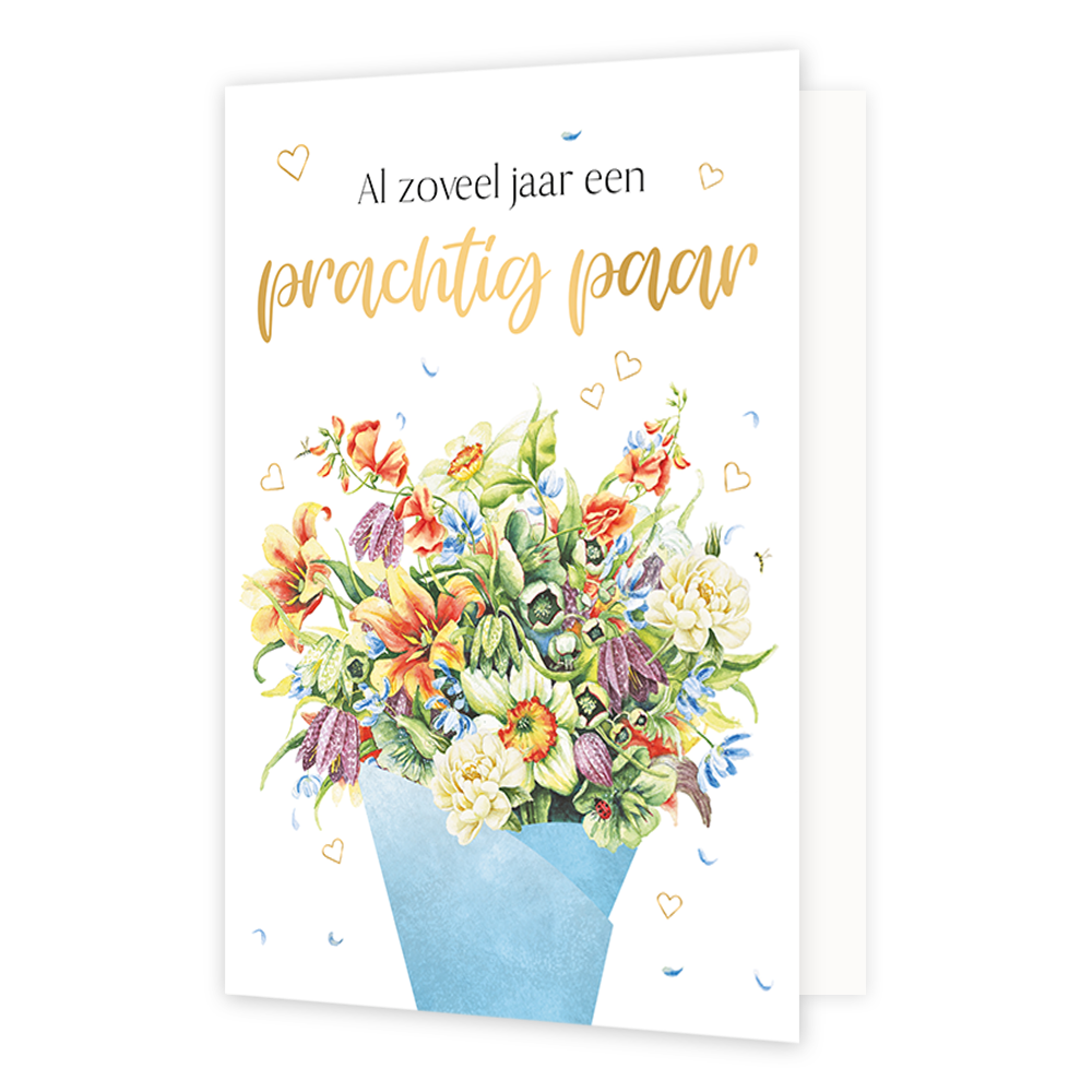 Al zoveel jaar een prachtig paar - Formaat: Normaal - Vorm: Staand - Huwelijkskaart - Op deze wenskaart staat een boeket met bloemen en daarboven de tekst: "Al zoveel jaar een prachtig paar". - Snelwenskaart