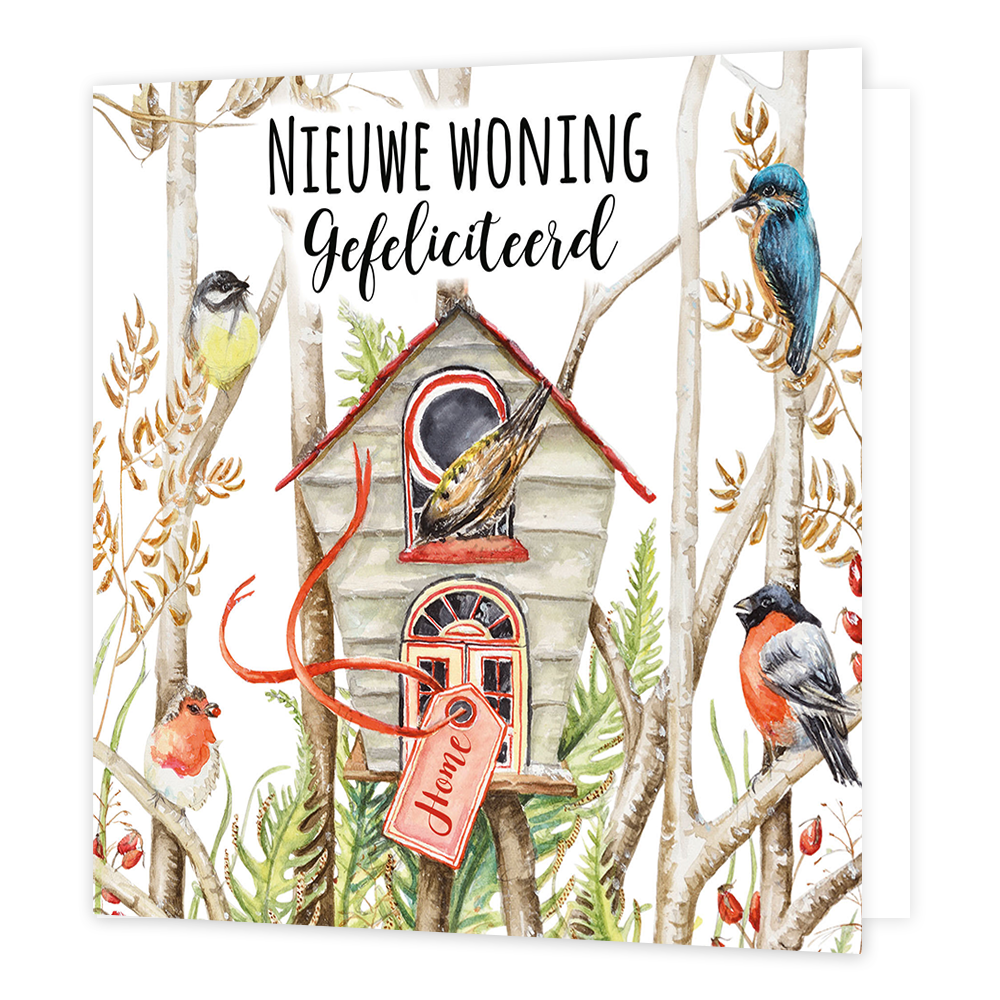 Nieuwe woning - Formaat: Normaal - Vorm: Vierkant - Woningkaart - Op deze wenskaart staan vogels en een vogelhuisje met daarboven de tekst: "Nieuwe woning gefeliciteerd". - Snelwenskaart