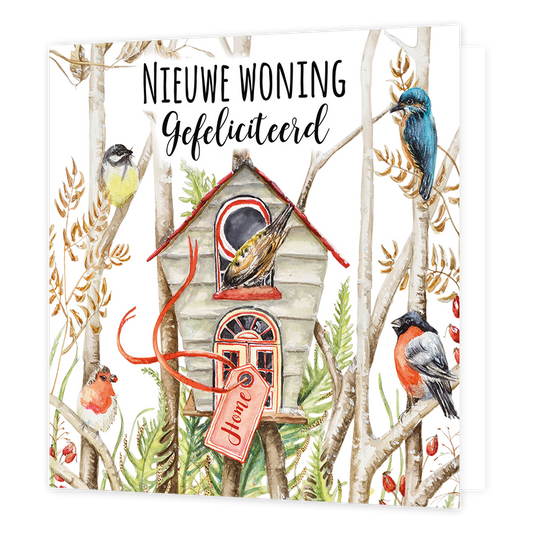 Nieuwe woning - Formaat: Normaal - Vorm: Vierkant - Woningkaart - Op deze wenskaart staan vogels en een vogelhuisje met daarboven de tekst: "Nieuwe woning gefeliciteerd". - Snelwenskaart