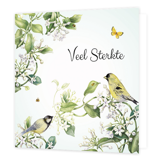 Veel sterkte - Formaat: Normaal - Vorm: Vierkant - Condoleance kaart - Op deze wenskaart staan witte bloemen met groene bladeren en twee vogels. In de illustratie staat de tekst: "Veel sterkte". - Snelwenskaart