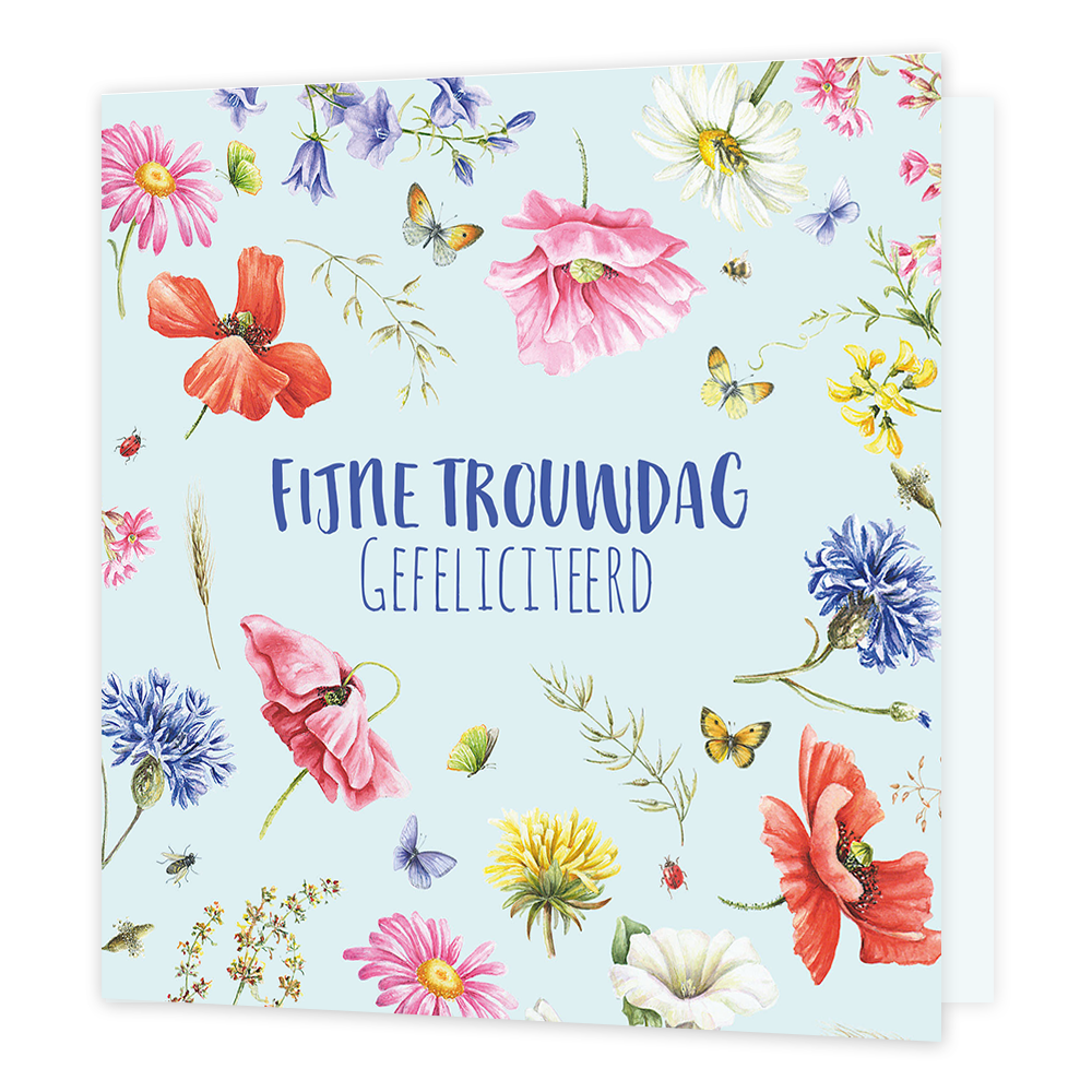 Fijne trouwdag - Formaat: Normaal - Vorm: Vierkant - Huwelijkskaart - Op deze wenskaart staan bloemen in de kleuren paars, roze, rood, geel en wit met in het midden de tekst: "Fijne trouwdag gefeliciteerd". - Snelwenskaart