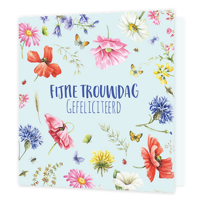 Fijne trouwdag - Formaat: Normaal - Vorm: Vierkant - Huwelijkskaart - Op deze wenskaart staan bloemen in de kleuren paars, roze, rood, geel en wit met in het midden de tekst: "Fijne trouwdag gefeliciteerd". - Snelwenskaart