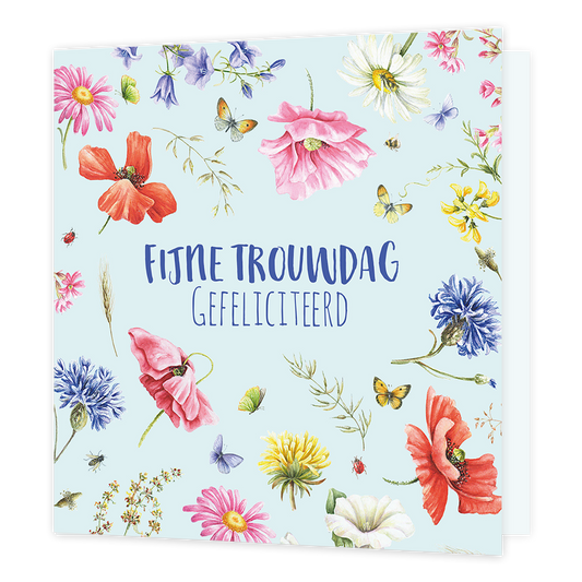 Fijne trouwdag - Formaat: Normaal - Vorm: Vierkant - Huwelijkskaart - Op deze wenskaart staan bloemen in de kleuren paars, roze, rood, geel en wit met in het midden de tekst: "Fijne trouwdag gefeliciteerd". - Snelwenskaart