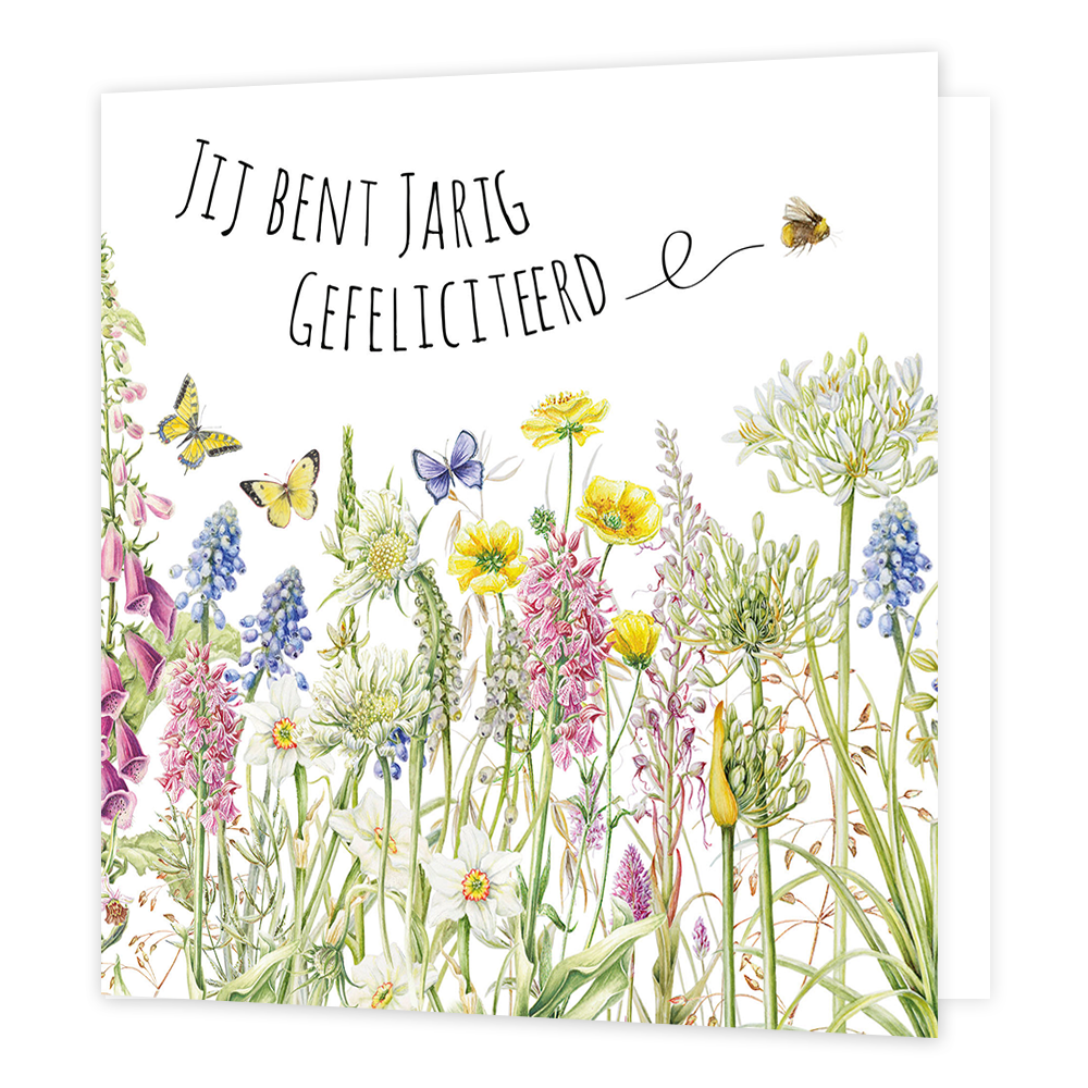 Jij bent jarig gefeliciteerd - Formaat: Normaal - Vorm: Vierkant - Verjaardagskaart - Op deze wenskaart staat een bloemenveld met vlinders en daarboven de tekst: "Jij bent jarig gefeliciteerd". - Snelwenskaart