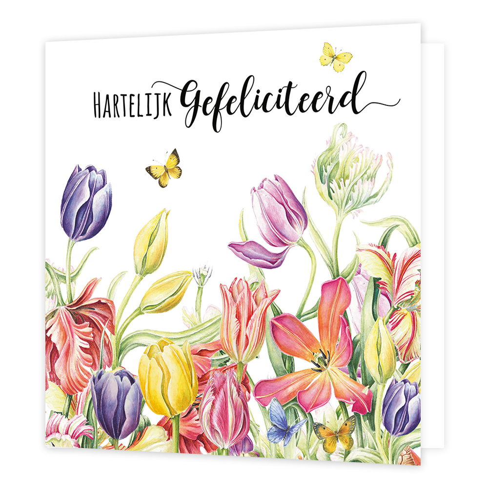 Hartelijk gefeliciteerd - Formaat: Normaal - Vorm: Vierkant - Verjaardagskaart - Op deze wenskaart staan bloemen in de kleuren paars, roze, geel, rood en groen, met daarboven de tekst: "Hartelijk gefeliciteerd". - Snelwenskaart