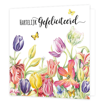 Hartelijk gefeliciteerd - Formaat: Normaal - Vorm: Vierkant - Verjaardagskaart - Op deze wenskaart staan bloemen in de kleuren paars, roze, geel, rood en groen, met daarboven de tekst: "Hartelijk gefeliciteerd". - Snelwenskaart