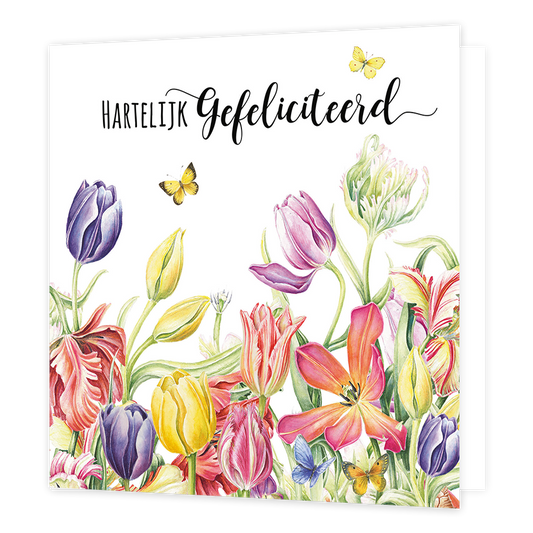 Hartelijk gefeliciteerd - Formaat: Normaal - Vorm: Vierkant - Verjaardagskaart - Op deze wenskaart staan bloemen in de kleuren paars, roze, geel, rood en groen, met daarboven de tekst: "Hartelijk gefeliciteerd". - Snelwenskaart